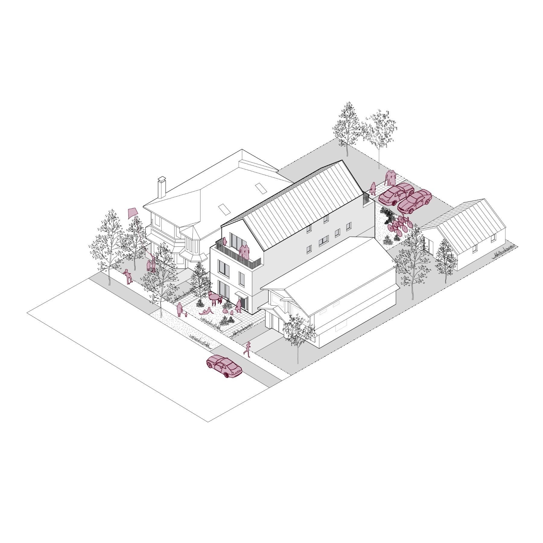Rendu filaire 3D du quadruplex 01, d’une superficie totale d’environ 2 400 pieds carrés (environ 600 pieds carrés par unité). L’image montre l’immeuble dans un quartier de banlieue, en mettant l’accent sur la conception communautaire et les commodités partagées.
